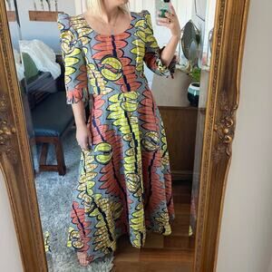 Handmade | African Print Ankara Maxi Dress Patchwork Queen Puff 3/4 Sleeve Round